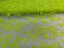 Lace Sequins Fabric - Neon Green - Corded Flower Embroidery Design Mesh Fabric By The Yard