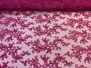Lace Sequins Fabric - Magenta  - Corded Flower Embroidery Design Mesh Fabric By The Yard