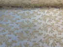Lace Sequins Fabric - Light Beige - Corded Flower Embroidery Design Mesh Fabric By The Yard