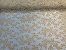 Lace Sequins Fabric - Light Beige - Corded Flower Embroidery Design Mesh Fabric By The Yard