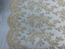 Lace Sequins Fabric - Light Beige - Corded Flower Embroidery Design Mesh Fabric By The Yard