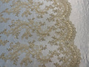 Lace Sequins Fabric - Light Beige - Corded Flower Embroidery Design Mesh Fabric By The Yard