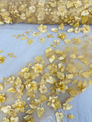 3D Floral Fancy Fabric - Gold - Embroidered Roses Pattern on Mesh Fabric Sold by Yard