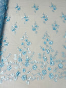 3D Floral Fancy Fabric - Baby Blue - Embroidered Roses Pattern on Mesh Fabric Sold by Yard