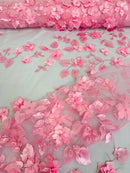 3D Floral Fancy Fabric - Candy Pink - Embroidered Roses Pattern on Mesh Fabric Sold by Yard