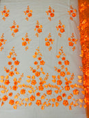 3D Floral Fancy Fabric - Orange - Embroidered Roses Pattern on Mesh Fabric Sold by Yard