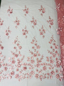 3D Floral Fancy Fabric - Dusty Rose - Embroidered Roses Pattern on Mesh Fabric Sold by Yard