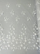 3D Floral Fancy Fabric - White - Embroidered Roses Pattern on Mesh Fabric Sold by Yard