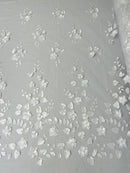 3D Floral Fancy Fabric - White - Embroidered Roses Pattern on Mesh Fabric Sold by Yard