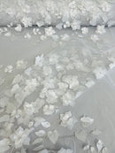 3D Floral Fancy Fabric - White - Embroidered Roses Pattern on Mesh Fabric Sold by Yard