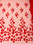 3D Floral Fancy Fabric - Red - Embroidered Roses Pattern on Mesh Fabric Sold by Yard