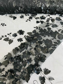 3D Floral Fancy Fabric - Black- Embroidered Roses Pattern on Mesh Fabric Sold by Yard