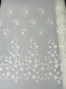 3D Floral Fancy Fabric - Ivory - Embroidered Roses Pattern on Mesh Fabric Sold by Yard