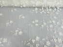 3D Floral Fancy Fabric - Ivory - Embroidered Roses Pattern on Mesh Fabric Sold by Yard