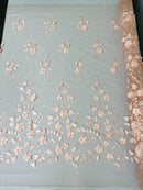 Floral Fancy Fabric - Blush Peach - Embroidered Roses Pattern on Mesh Fabric Sold by Yard