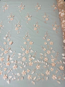 Floral Fancy Fabric - Blush Peach - Embroidered Roses Pattern on Mesh Fabric Sold by Yard