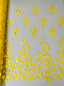 3D Floral Fancy Fabric - Yellow - Embroidered Roses Pattern on Mesh Fabric Sold by Yard