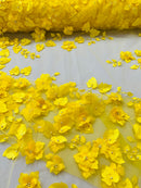 3D Floral Fancy Fabric - Yellow - Embroidered Roses Pattern on Mesh Fabric Sold by Yard