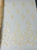 3D Floral Fancy Fabric - Champagne - Embroidered Roses Pattern on Mesh Fabric Sold by Yard