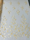 3D Floral Fancy Fabric - Champagne - Embroidered Roses Pattern on Mesh Fabric Sold by Yard