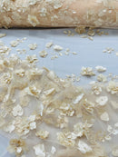 3D Floral Fancy Fabric - Champagne - Embroidered Roses Pattern on Mesh Fabric Sold by Yard
