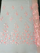3D Floral Fancy Fabric - Pink - Embroidered Roses Pattern on Mesh Fabric Sold by Yard