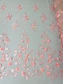 3D Floral Fancy Fabric - Pink - Embroidered Roses Pattern on Mesh Fabric Sold by Yard