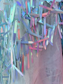 Sword Shape Hanging Sequins - Baby Blue -  Iridescent Hanging Sequins On Mesh Fabric By Yard