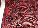 4 Way Stretch Damask Pattern Sequins Fabric Burgundy Fancy Embroidered Mesh Dress-Prom By The Yard
