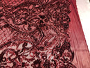 4 Way Stretch Damask Pattern Sequins Fabric Burgundy Fancy Embroidered Mesh Dress-Prom By The Yard