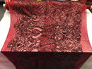 4 Way Stretch Damask Pattern Sequins Fabric Burgundy Fancy Embroidered Mesh Dress-Prom By The Yard