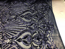 4 Way Stretch Damask Pattern Sequins Fabric Navy Fancy Embroidered Mesh Design Fashion By The Yard