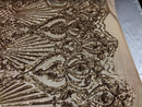 4 Way Stretch Damask Pattern Sequins Fabric Champagne Fancy Embroidered Prom-Gown By The Yard