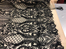 4 Way Stretch Damask Pattern Sequins Fabric Black Fancy Embroidered On A Mesh Nude By The Yard