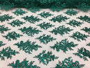 Floral Shiny Sequins Embroided Lace Fabric - Hunter Green - Beautiful Fabrics Sold by The Yard