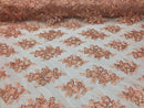 Floral Shiny Sequins Embroided Lace Fabric - Peach - Beautiful Fabrics Sold by The Yard