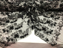 3D Embroided - Black Flower And Leaf Pattern Fabric Fancy Flowers Fashion Fabric By The Yard