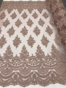 Mauve - Hand Beaded Embroidered Flower Pattern Bridal Wedding Lace Fabric Sold by The Yard