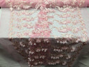 3D Embroided - Light Pink Flower And Leaf Pattern Fabric Fancy Flowers Fashion Fabric By The Yard