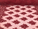 Burgundy  - Hand Beaded Embroidered Flower Pattern Bridal Wedding Lace Fabric Sold by The Yard