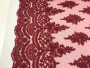 Burgundy  - Hand Beaded Embroidered Flower Pattern Bridal Wedding Lace Fabric Sold by The Yard