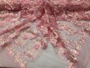 3D Embroided - Light Pink Flower And Leaf Pattern Fabric Fancy Flowers Fashion Fabric By The Yard