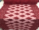 Burgundy  - Hand Beaded Embroidered Flower Pattern Bridal Wedding Lace Fabric Sold by The Yard