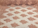 Blush Pink - Hand Beaded Embroidered Flower Pattern Bridal Wedding Lace Fabric Sold by The Yard