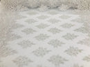 White - Hand Beaded Embroidered Flower Pattern Bridal Wedding Lace Fabric Sold by The Yard