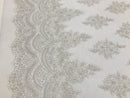 White - Hand Beaded Embroidered Flower Pattern Bridal Wedding Lace Fabric Sold by The Yard