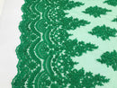 Green - Hand Beaded Embroidered Flower Pattern Bridal Wedding Lace Fabric Sold by The Yard