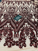 4 Way Stretch Fabric - Burgundy - Fancy Pattern Design Sequins Fashion Fabric Mesh By Yard