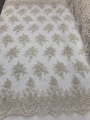 Off-White Hand Beaded Embroidered Floral Fabric Lace Bridal Wedding Designs By The Yard