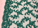 Beaded - Teal - Embroided Small Flower Fabric with Decorated Borders - Sold by The Yard